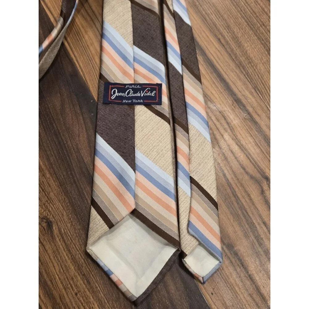 Vtg 70s Jean Claude Vidal Tie Brown Tan Blue Stripe Wide Blade Paris New York